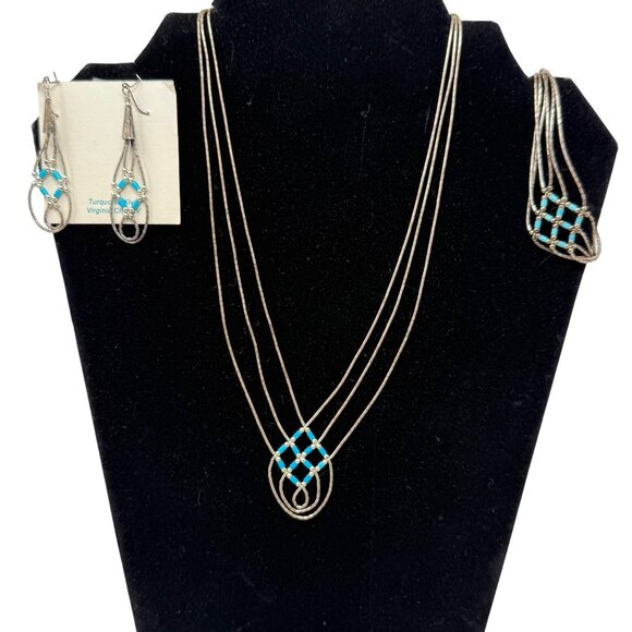 Native American Liquid‎ Silver Turquoise Necklace 3 Pc Jewelry Set 925 Sterling - Picture 2 of 16